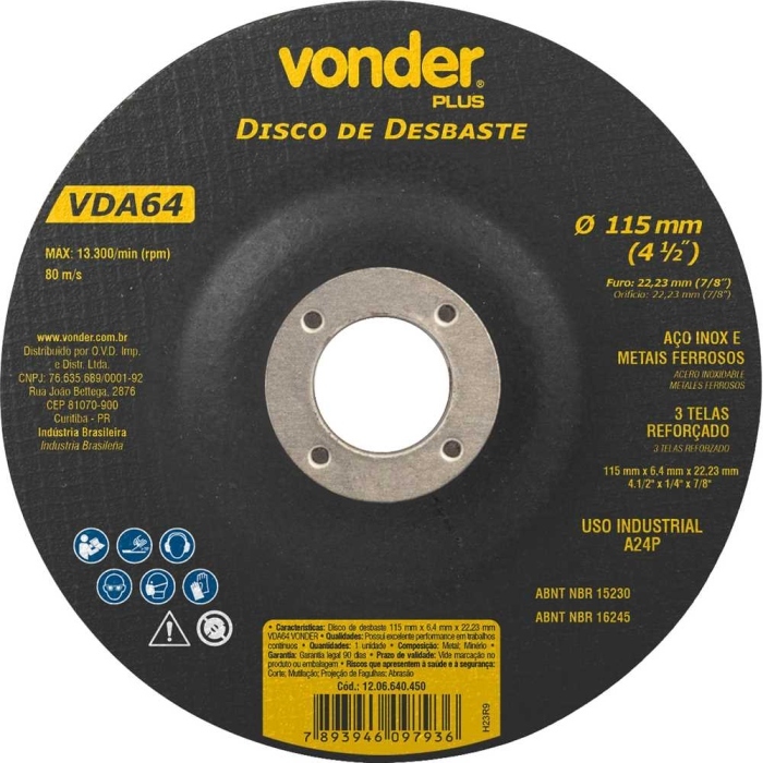 Disco de Desbaste 115.0X6.4X22.23MM Vonder Plus