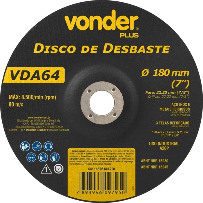 Disco de Desbaste 180.0X6.4X22.23MM Vonder Plus