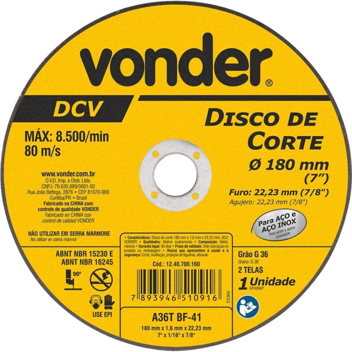 Disco de Corte 180X1.6X22.23MM Vonder